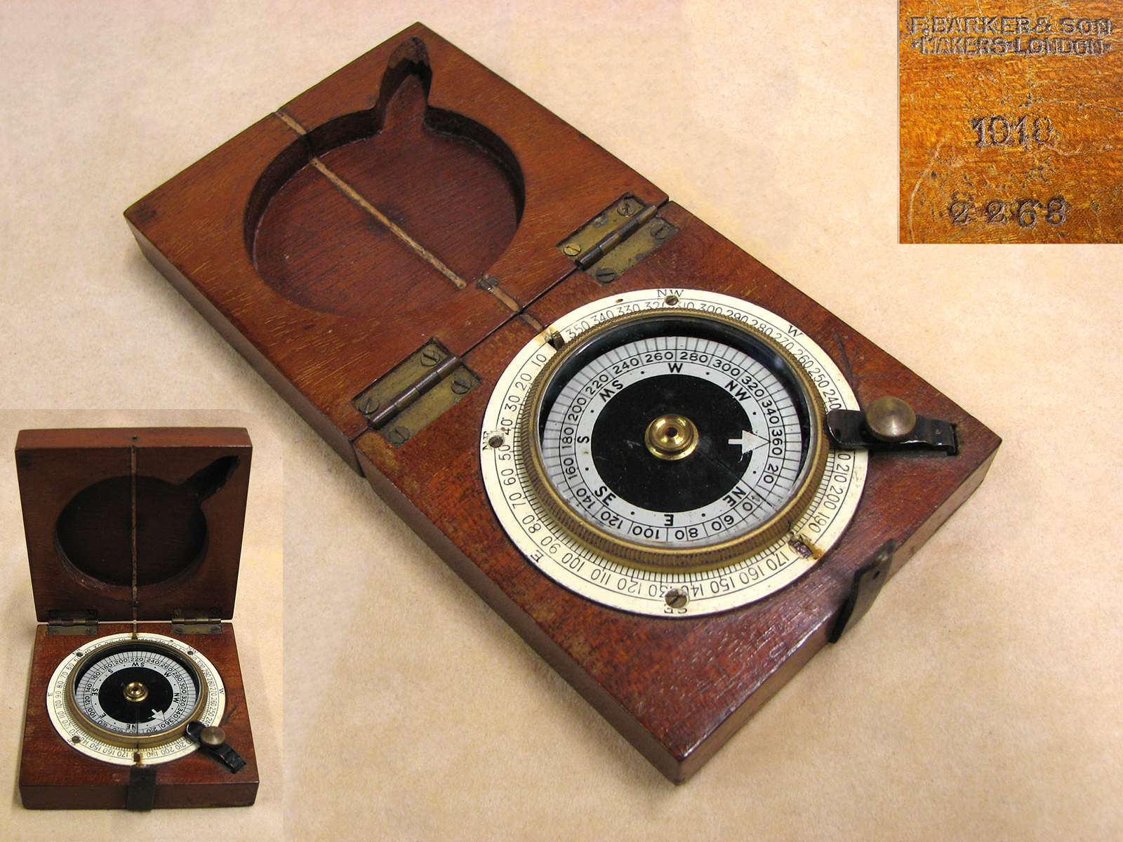 Francis Barker WW1 mahogany cased military marching compass dated 1918
